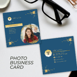 Cartão De Visita Quadrado Dourado e azul corporativo, adicionar foto à forma