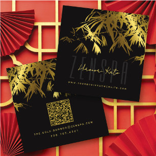 Cartão De Visita Quadrado Dourado Elegante e Folhas de Bambu Oriental Preto 