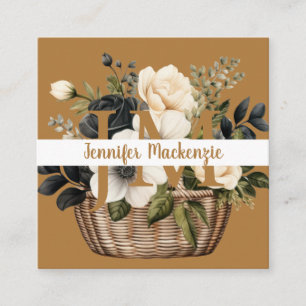 Cartão De Visita Quadrado Dourado Floral de Luxo Preto e Branco