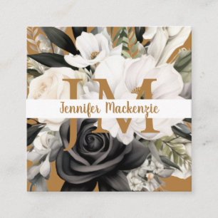 Cartão De Visita Quadrado Dourado Floral de Luxo Preto e Branco