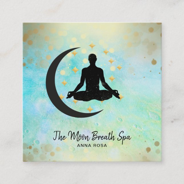 Cartão De Visita Quadrado *~* Dourado Homem + Meditação de Lua Ioga Mindícia (Frente)