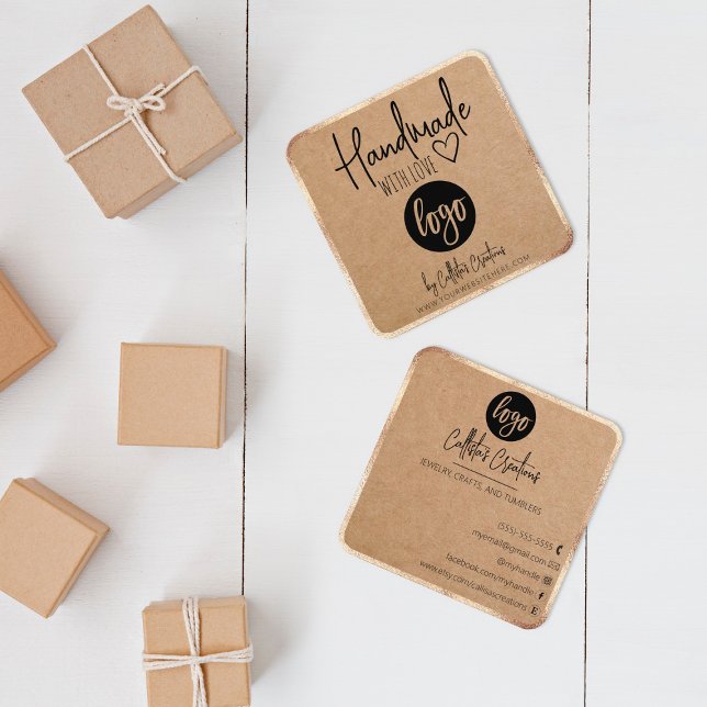 Cartão De Visita Quadrado Dourado Kraft Fabricado À Mão Com Amor E Artesanat (Criador carregado)