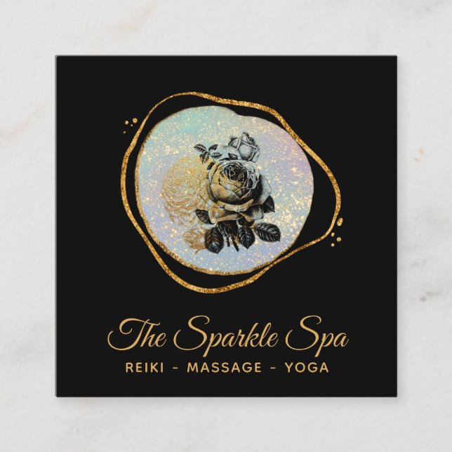 Cartão De Visita Quadrado *~* Dourado Letra Glitter Rosa Floral Opal (Frente)