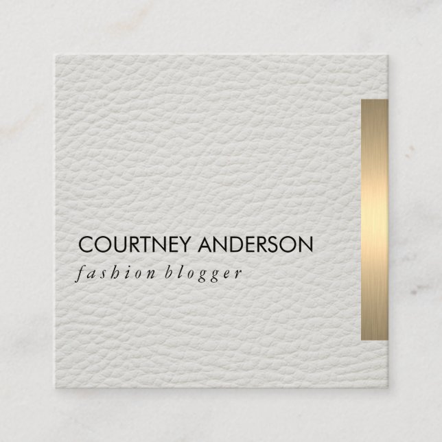 Cartão De Visita Quadrado Dourado Metálico Trim Branco Couro Branco (Frente)