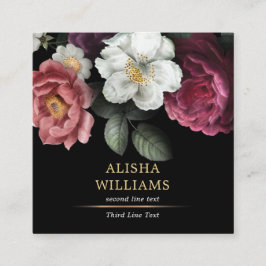 Cartão De Visita Quadrado Dourado Preto Floral para Empresas de Luxo