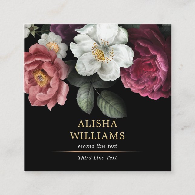 Cartão De Visita Quadrado Dourado Preto Floral para Empresas de Luxo (Frente)