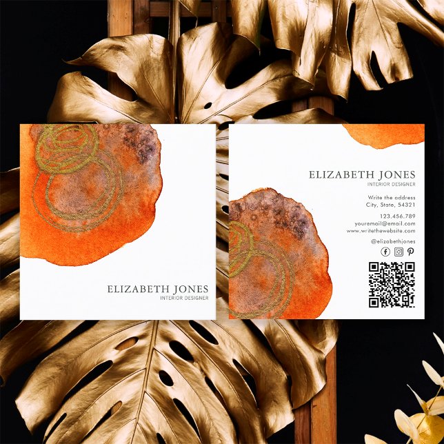 Cartão De Visita Quadrado Dourado Terracotta Watercolor Designer (Front and Back)