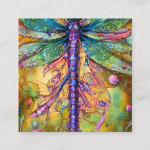 Cartão De Visita Quadrado Dragonfly Fractal Watercolor