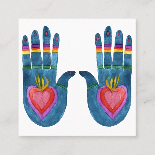 Cartão De Visita Quadrado Duas Mãos de Reparo Aquarela Boho Chic (Frente)