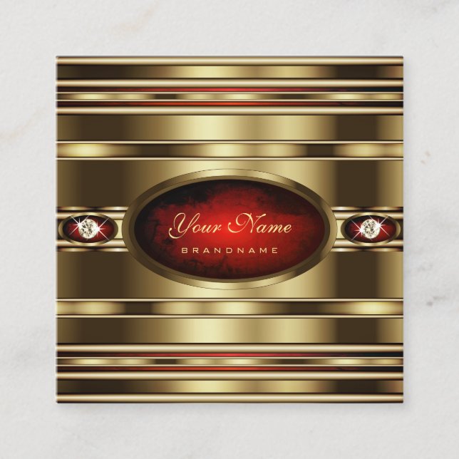 Cartão De Visita Quadrado Efeito Dourado Luxurioso Red Marble Faux Rhineston (Frente)