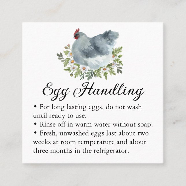 Cartão De Visita Quadrado Egg Handling Care Instructions Floral Chicken Hen (Frente)