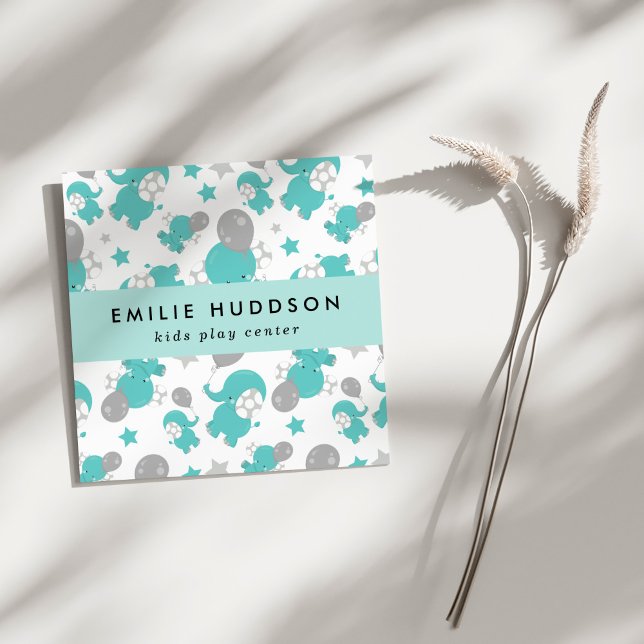 Cartão De Visita Quadrado Elefantes Azuis, Kids Play Center, Centro de Ativi (Criador carregado)