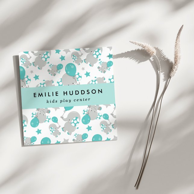 Cartão De Visita Quadrado Elefantes Fofos, Kids Play Center, Centro de Ativi (Criador carregado)