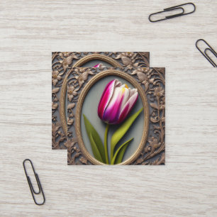 Cartão De Visita Quadrado Elegância Fluente: Tulipa Rosa no Design Art Nouve