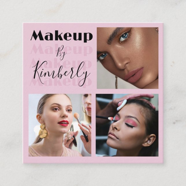 Cartão De Visita Quadrado Elegant Blush Pink Black Script 3 Photo (Frente)