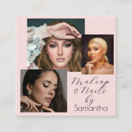 Cartão De Visita Quadrado Elegant Blush Pink Black Script 3 Photo Makeup 