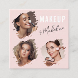 Cartão De Visita Quadrado Elegant Blush Pink Black Script 3 Photo Makeup