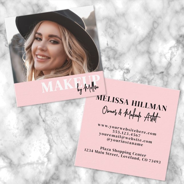 Cartão De Visita Quadrado Elegant Blush Pink Black Script Photo Makeup (Elegant Blush Pink Black Script Photo Makeup Square Business Card)