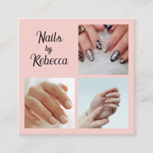 Cartão De Visita Quadrado Elegant Blush Rosa Preto Script 3 Foto Unhas