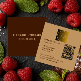 Cartão De Visita Quadrado Elegant Brown Chocolatier Social Logo QR Code 