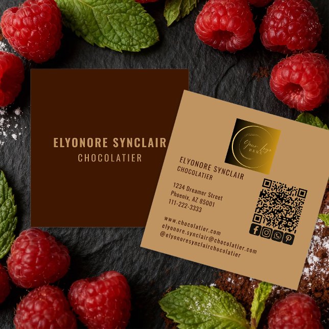 Cartão De Visita Quadrado Elegant Brown Chocolatier Social Logo QR Code  (Criador carregado)