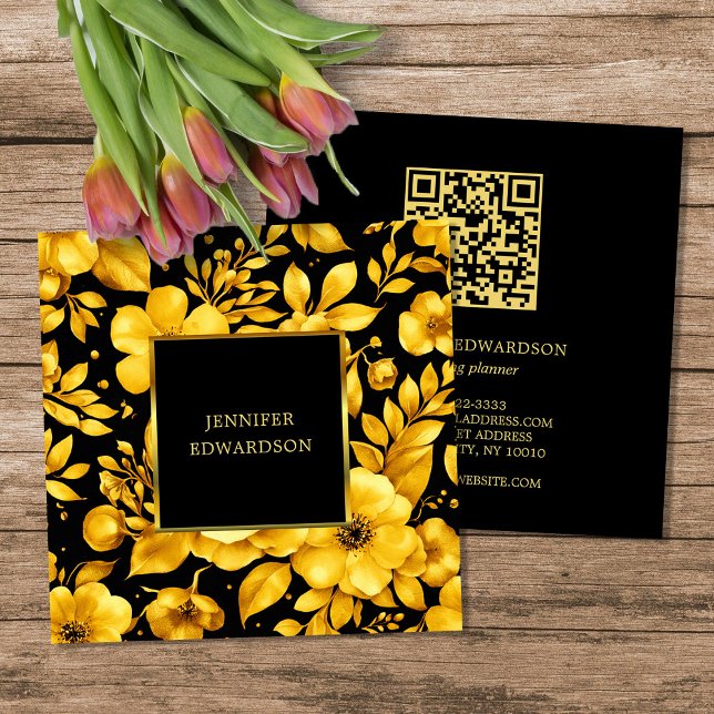 Cartão De Visita Quadrado Elegant gold black flowers QR code professional (Elegant gold black flowers QR code professional Square Business Card.)