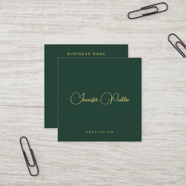 Cartão De Visita Quadrado Elegant Green And Gold Text Script Premium Silk (Frente/Verso In Situ)