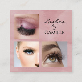 Cartão De Visita Quadrado Elegant Pink Black Script 3 Photo Makeup
