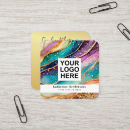 Cartão De Visita Quadrado Elegant Rainbow Agate gold Glitter & QR Code Logo