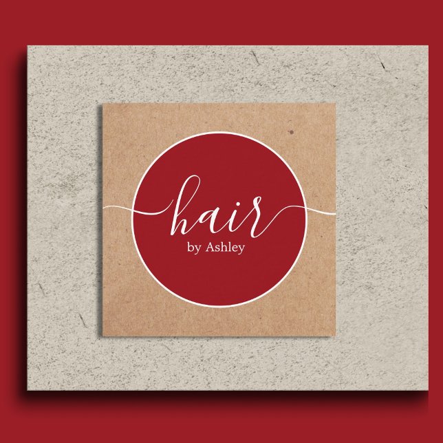 Cartão De Visita Quadrado Elegant Red White Circle Printed Kraft Hairdresser (Criador carregado)