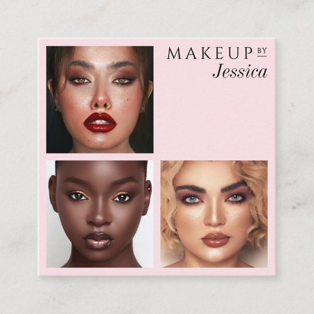 Cartão De Visita Quadrado Elegant Typography Blush Pink 3 Photo Makeup (Frente)