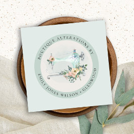 Cartão De Visita Quadrado Elegante Aqua Cinza De Costura Floral Sq