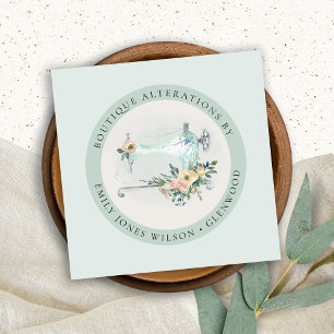 Cartão De Visita Quadrado Elegante Aqua Cinza De Costura Floral Sq