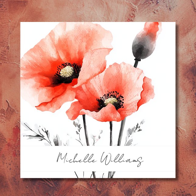 Cartão De Visita Quadrado Elegante Aquarela Vermelha Poppy Floral (Front - Elegant Watercolor Red Poppy Floral Square Business Card)