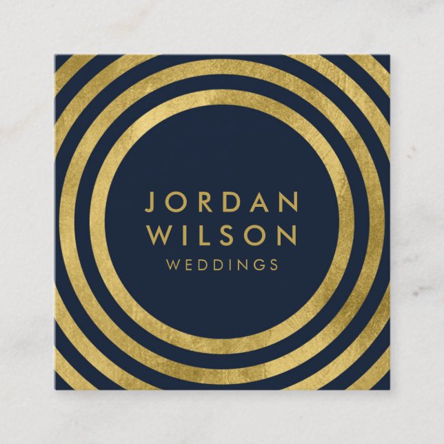 Cartão De Visita Quadrado Elegante Azul Faux Linhas Redondas Douradas Geomét (Frente)