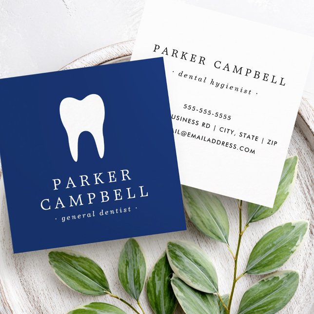 Cartão De Visita Quadrado Elegante azul marinho e branco dentista odontologi (Elegant navy blue and white tooth dentist dental square business card)