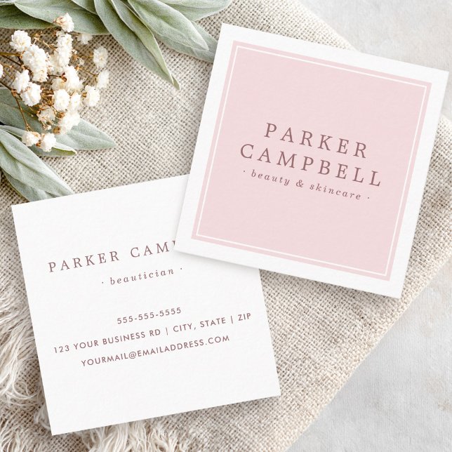 Cartão De Visita Quadrado Elegante beleza em rosa e branco skincare minimali (Elegant pink white beauty skincare minimalist square business card)
