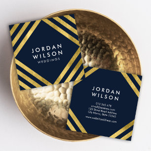 Cartão De Visita Quadrado Elegante Blue Faux Dourado Square Lines Geométrico