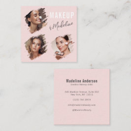Cartão De Visita Quadrado Elegante Blush Rosa Preto Script 3 Foto Maquiagem