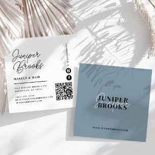 Cartão De Visita Quadrado Elegante Código QR Azul Empoeirado Minimalista