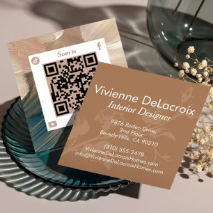 Cartão De Visita Quadrado Elegante Código QR de Aquarela Lux Designer de Int