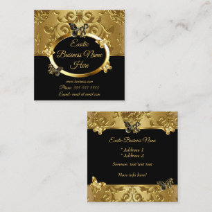 Cartão De Visita Quadrado Elegante Damasco Dourado Floral Borboletas Em Pret