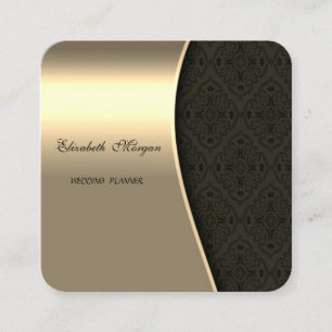 Cartão De Visita Quadrado Elegante Damasco Falso Sofisticado Dourado, Preto