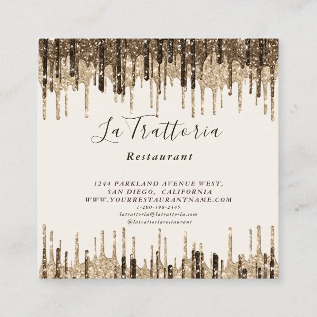 Cartão De Visita Quadrado Elegante Dourado Sparks Drives Restaurante La Trat (Verso)