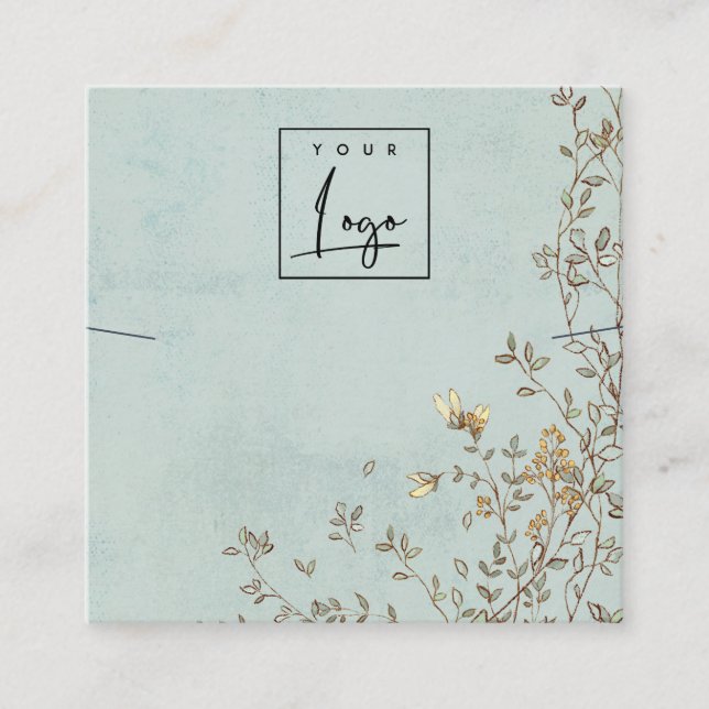 Cartão De Visita Quadrado Elegante Dusky Floral Aqua Logo Necklace (Frente)