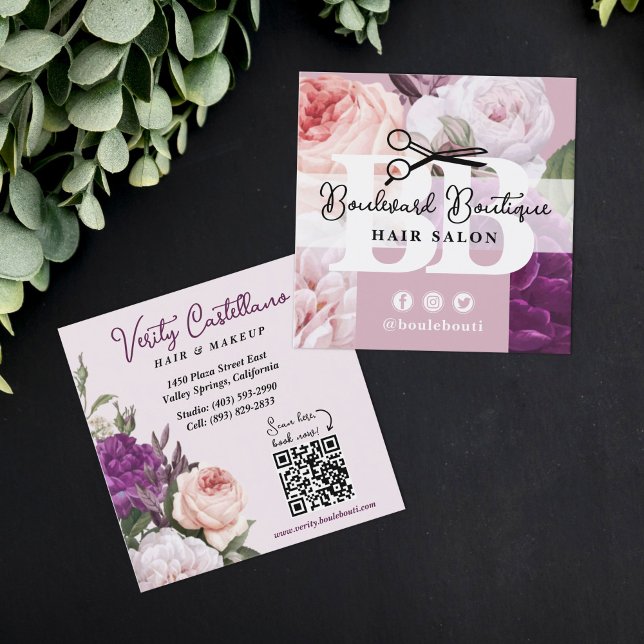 Cartão De Visita Quadrado Elegante Dusty Mauve Floral Salon Stylist QR (Criador carregado)