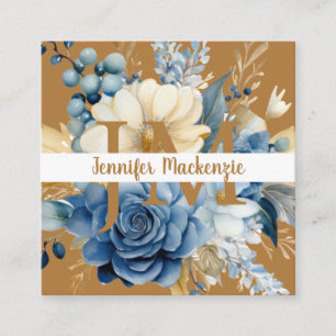 Cartão De Visita Quadrado Elegante Floral Azul Branco e Dourado
