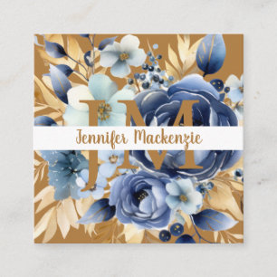 Cartão De Visita Quadrado Elegante Floral Azul Branco e Dourado