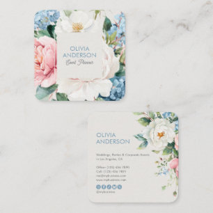 Cartão De Visita Quadrado Elegante Floral Botânico em Aquarela Azul