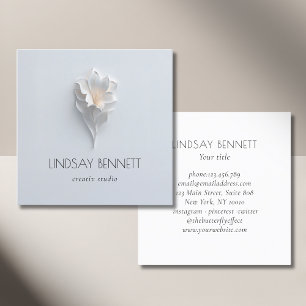 Cartão De Visita Quadrado Elegante Floral Minimalista Branco Azul